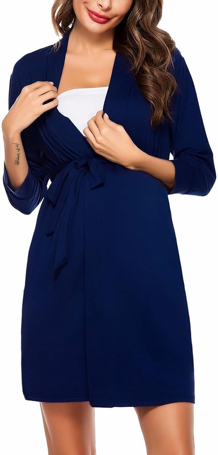 imageSWOMOG Womens Maternity Nursing Robe Pregnancy Breastfeeding Bathrobes 3 in 1 Labor Delivery NightgownsZ34 Sleeve Navy Blue