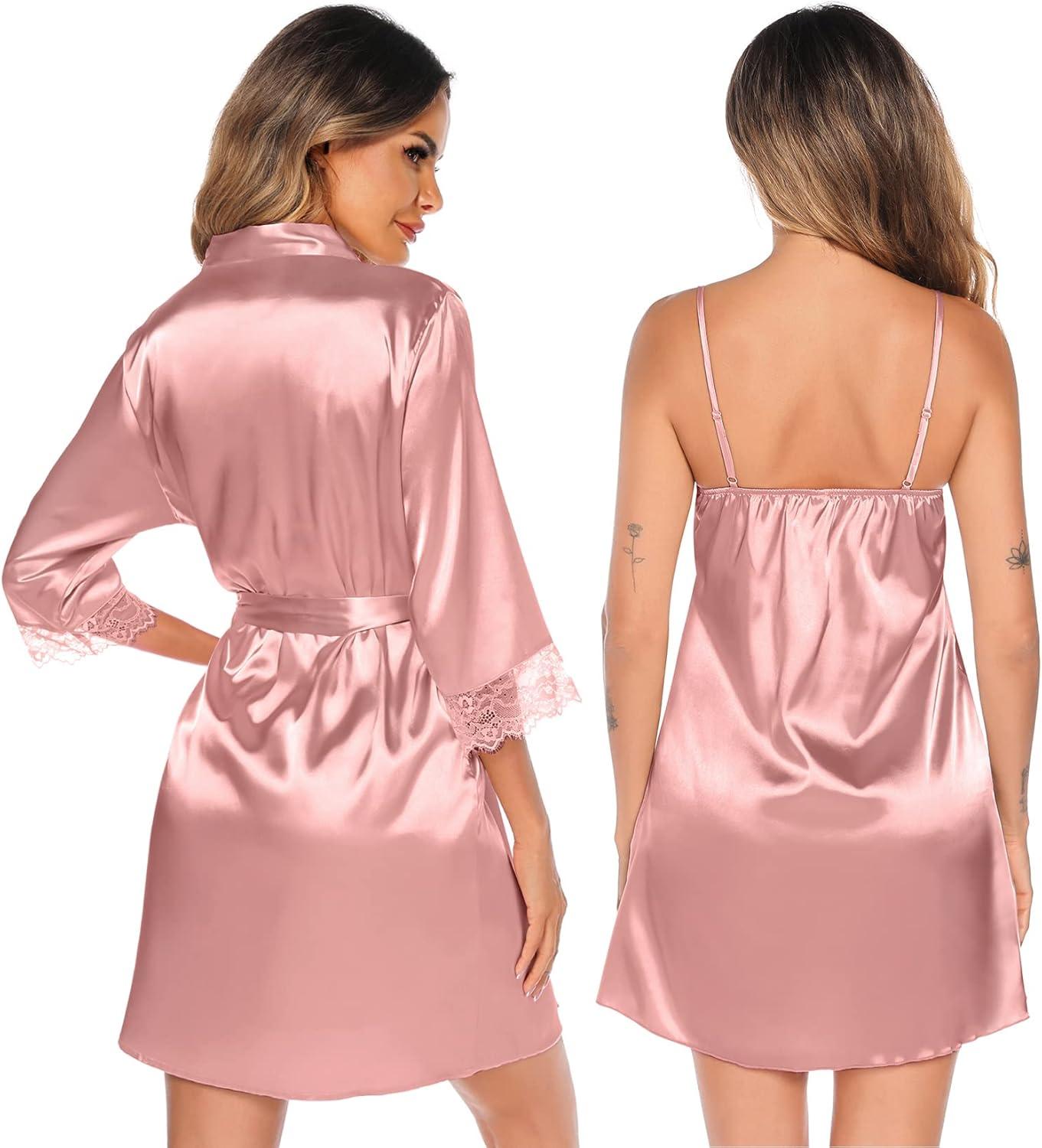 imageSWOMOG Womens Satin Robe Set 2 Piece Sexy Pajamas Sets Lace Cami Nightgown and Silk Robes NightwearMisty Rose