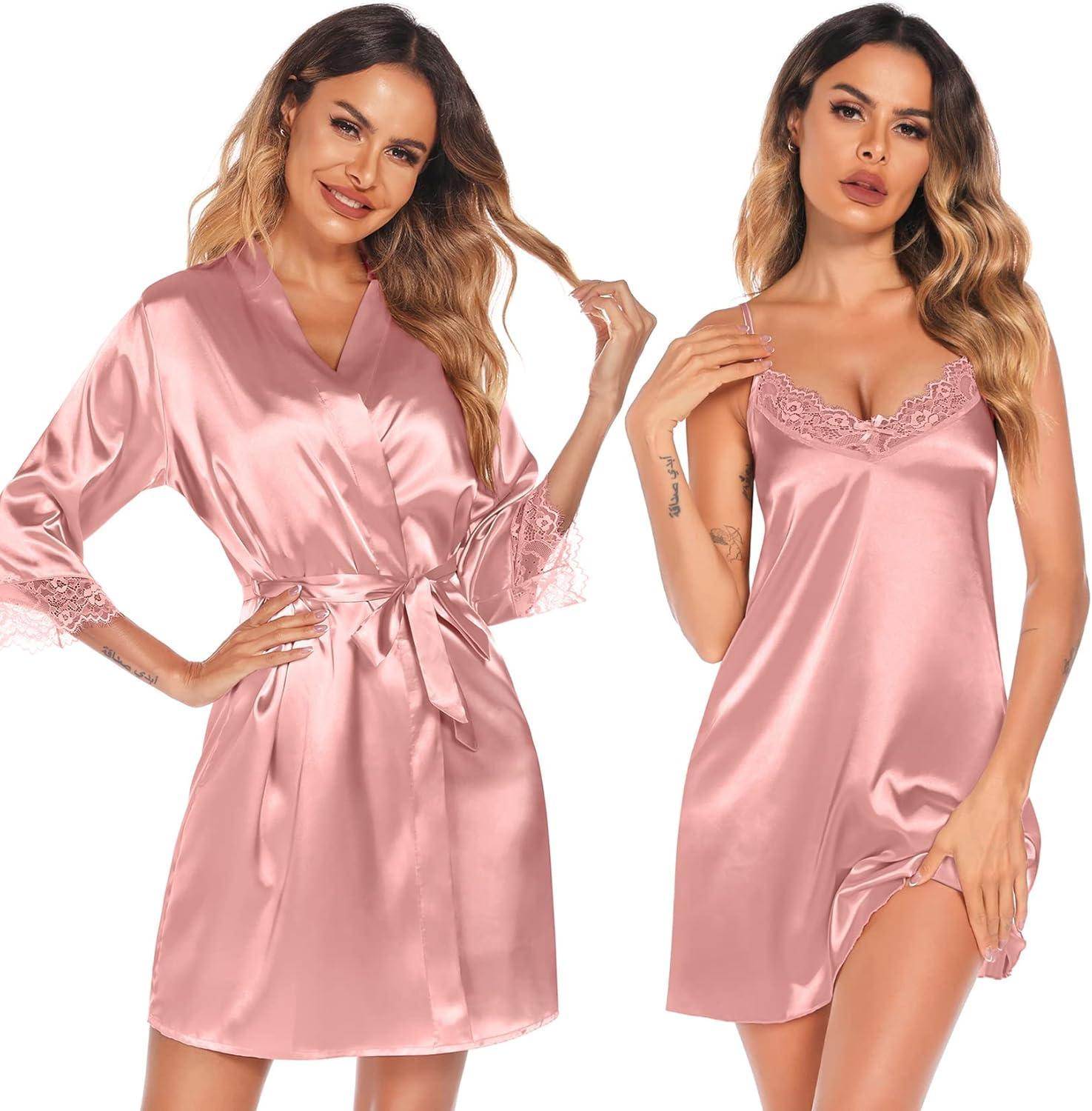 imageSWOMOG Womens Satin Robe Set 2 Piece Sexy Pajamas Sets Lace Cami Nightgown and Silk Robes NightwearMisty Rose