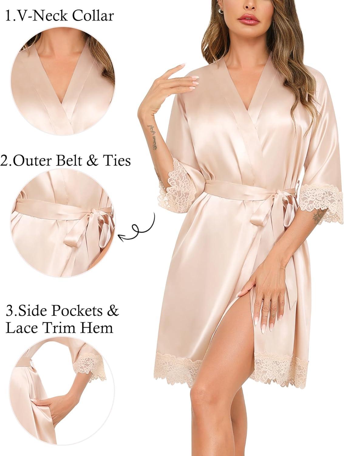 imageSWOMOG Womens Satin Robe Set 2 Piece Sexy Pajamas Sets Lace Cami Nightgown and Silk Robes NightwearOnly Robe Champagne
