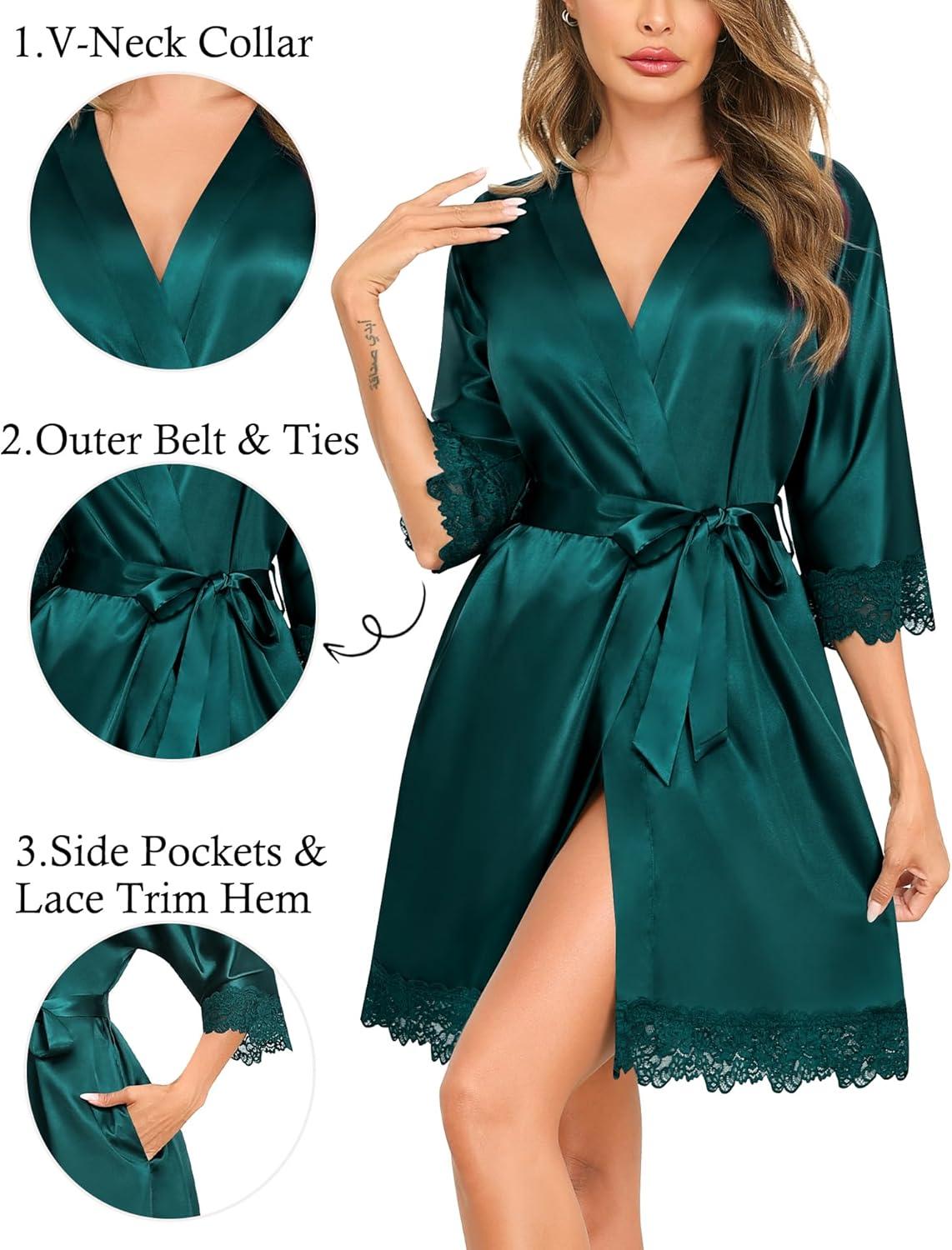 imageSWOMOG Womens Satin Robe Set 2 Piece Sexy Pajamas Sets Lace Cami Nightgown and Silk Robes NightwearOnly Robe Dark Green