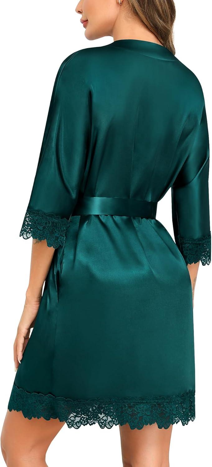 imageSWOMOG Womens Satin Robe Set 2 Piece Sexy Pajamas Sets Lace Cami Nightgown and Silk Robes NightwearOnly Robe Dark Green