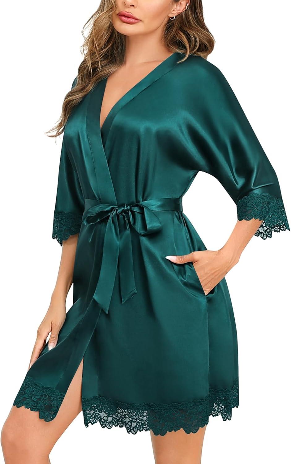 imageSWOMOG Womens Satin Robe Set 2 Piece Sexy Pajamas Sets Lace Cami Nightgown and Silk Robes NightwearOnly Robe Dark Green