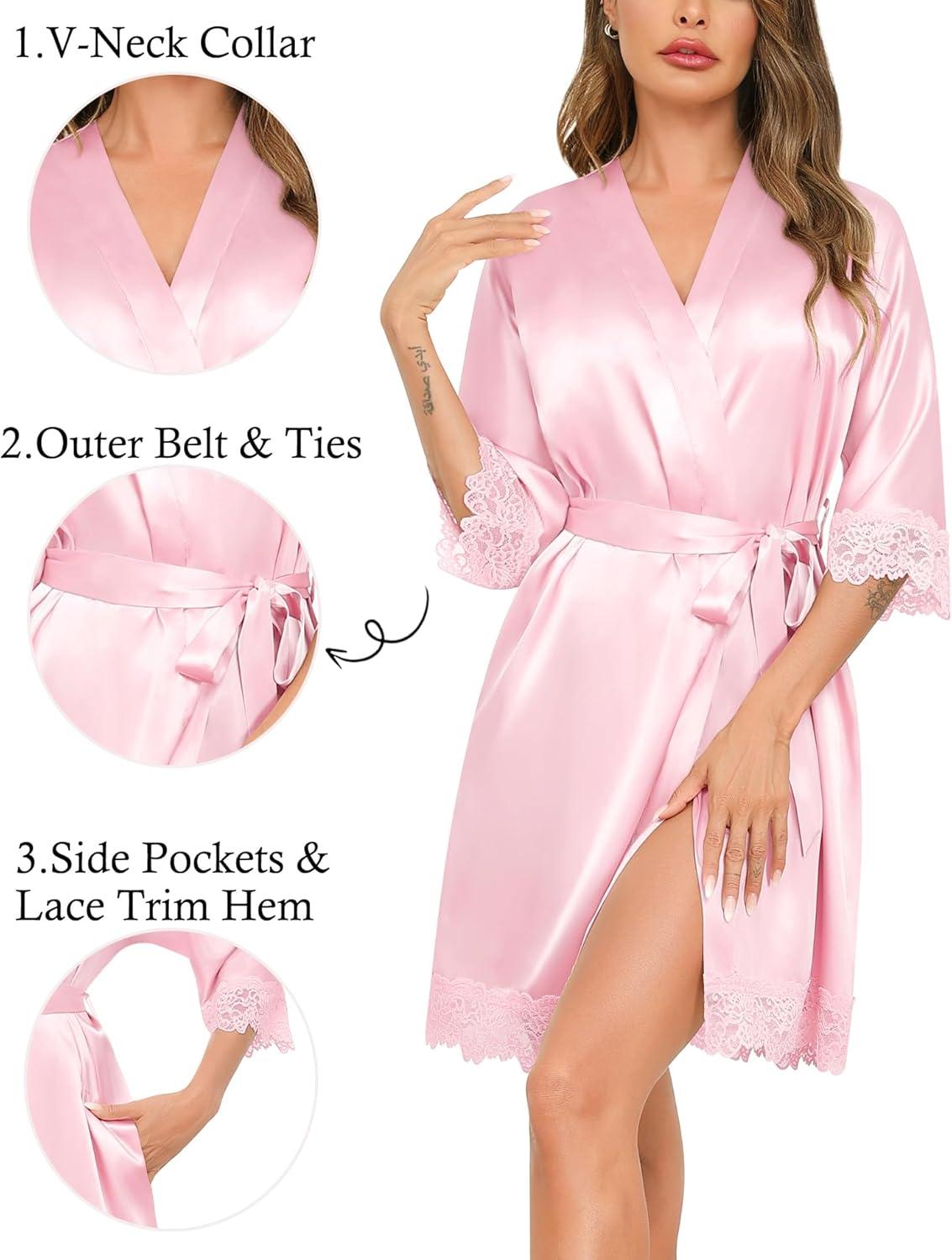 imageSWOMOG Womens Satin Robe Set 2 Piece Sexy Pajamas Sets Lace Cami Nightgown and Silk Robes NightwearOnly Robe Pink