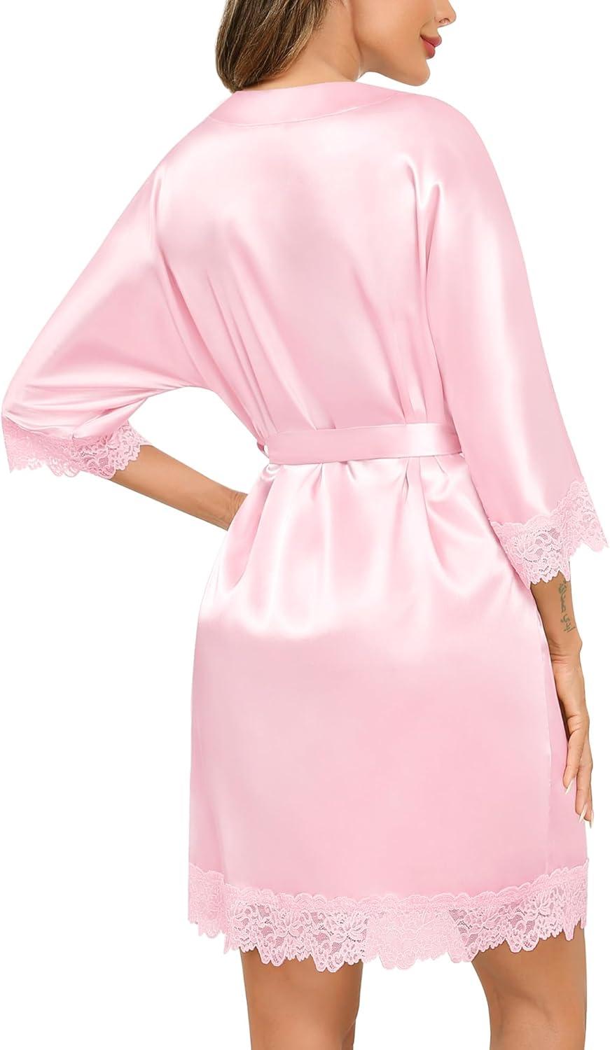 imageSWOMOG Womens Satin Robe Set 2 Piece Sexy Pajamas Sets Lace Cami Nightgown and Silk Robes NightwearOnly Robe Pink
