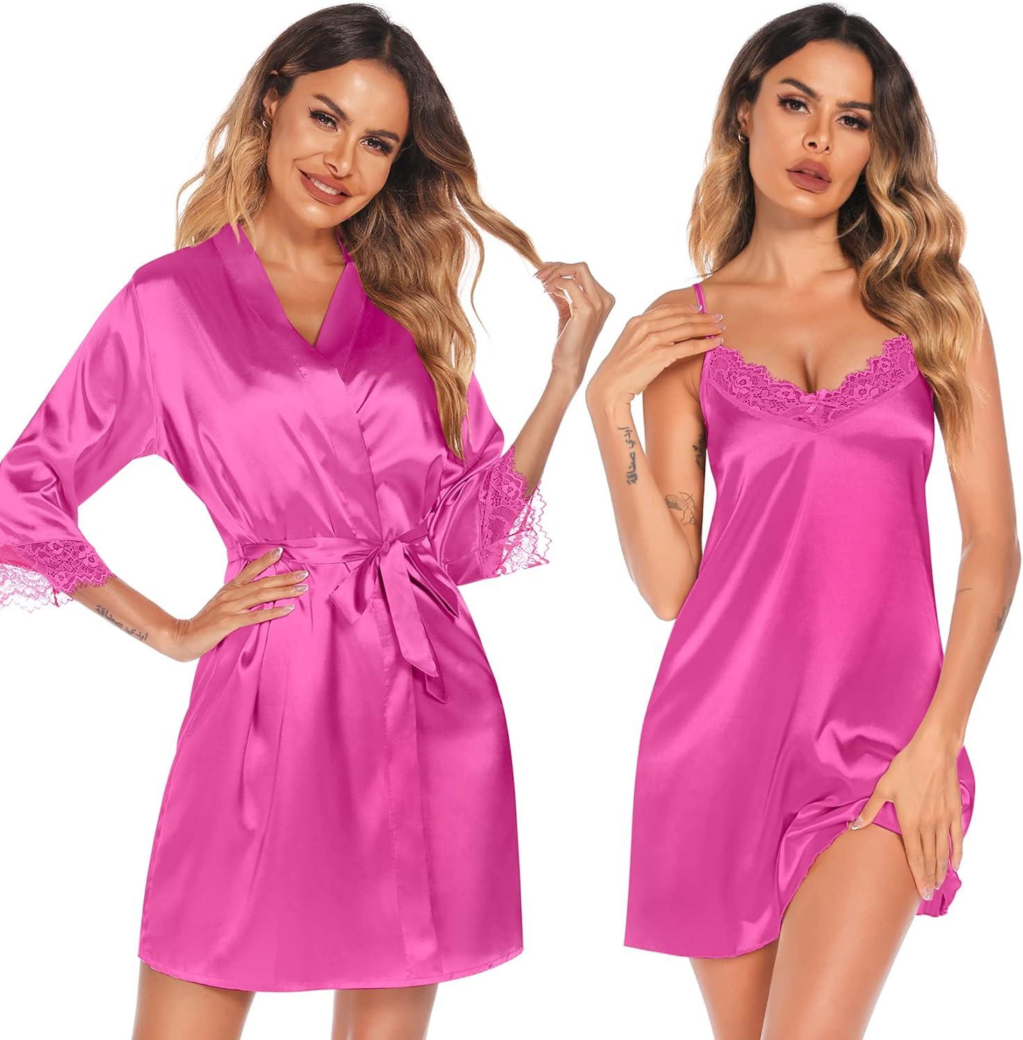 imageSWOMOG Womens Satin Robe Set 2 Piece Sexy Pajamas Sets Lace Cami Nightgown and Silk Robes NightwearRose Red