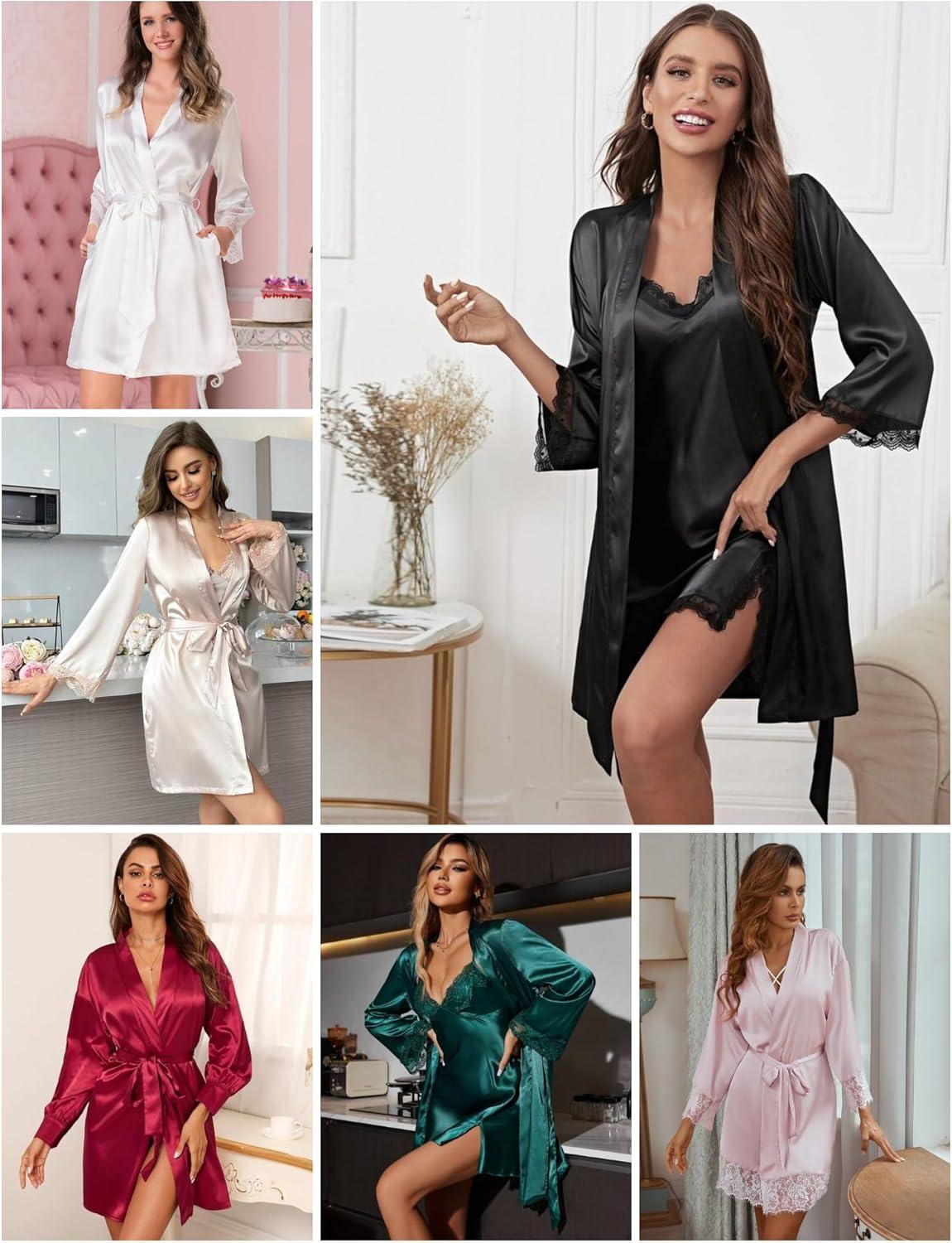 imageSWOMOG Womens Satin Robe Set 2 Piece Sexy Pajamas Sets Lace Cami Nightgown and Silk Robes NightwearRose Red