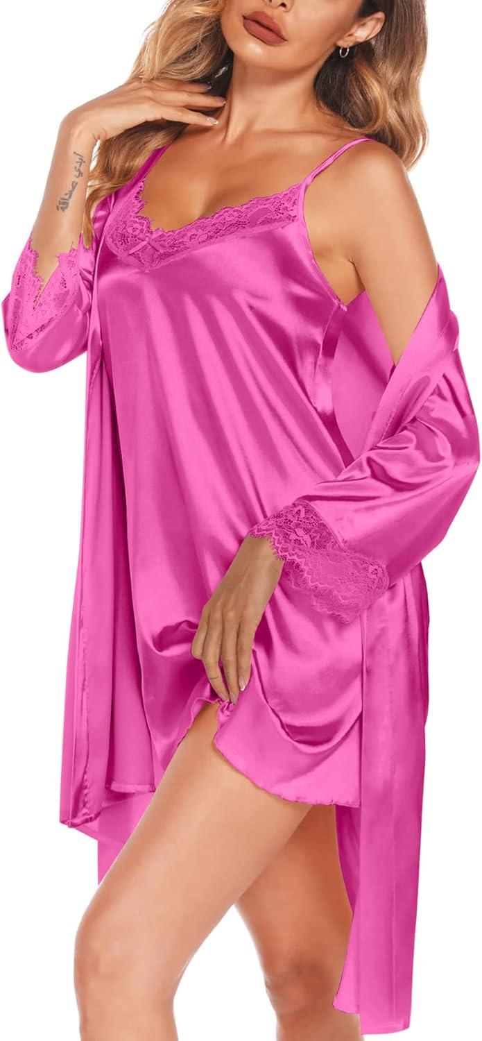 imageSWOMOG Womens Satin Robe Set 2 Piece Sexy Pajamas Sets Lace Cami Nightgown and Silk Robes NightwearRose Red