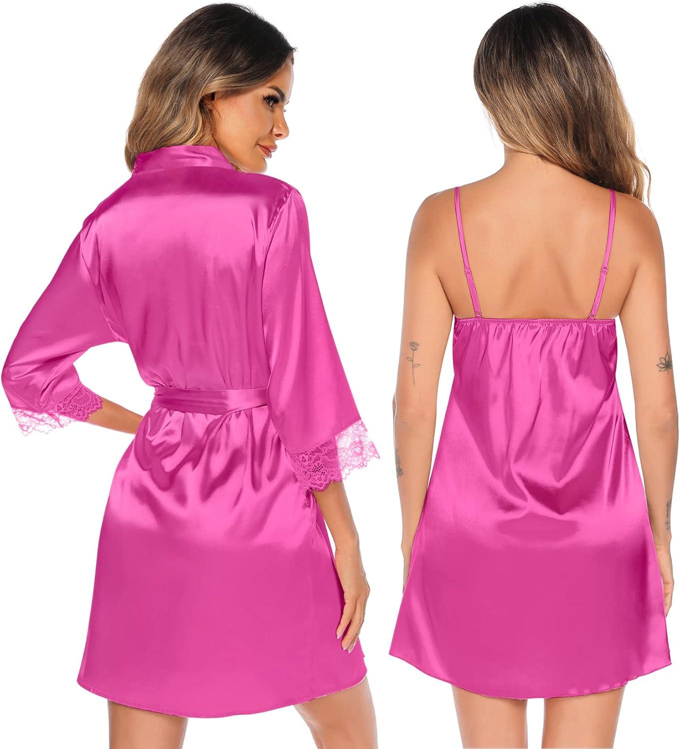 imageSWOMOG Womens Satin Robe Set 2 Piece Sexy Pajamas Sets Lace Cami Nightgown and Silk Robes NightwearRose Red