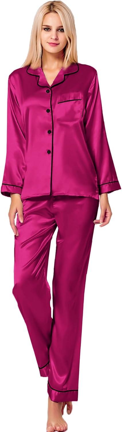 imageSWOMOG Womens Silk Satin Pajamas Set Long Sleeve Button Down Sleepwear 2 Piece Lounge Set Pj Set XS3XLPitaya