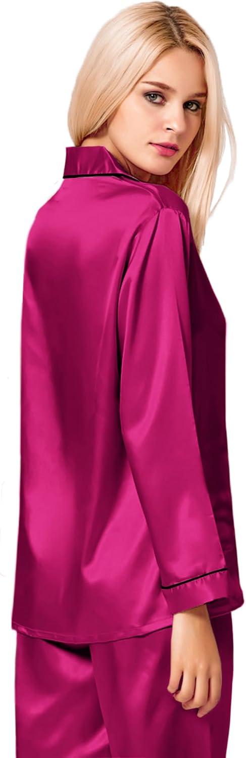 imageSWOMOG Womens Silk Satin Pajamas Set Long Sleeve Button Down Sleepwear 2 Piece Lounge Set Pj Set XS3XLPitaya