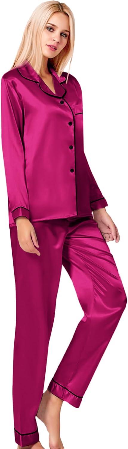 imageSWOMOG Womens Silk Satin Pajamas Set Long Sleeve Button Down Sleepwear 2 Piece Lounge Set Pj Set XS3XLPitaya