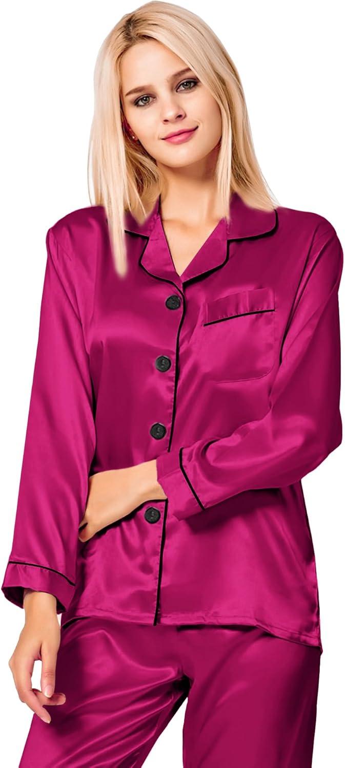 imageSWOMOG Womens Silk Satin Pajamas Set Long Sleeve Button Down Sleepwear 2 Piece Lounge Set Pj Set XS3XLPitaya