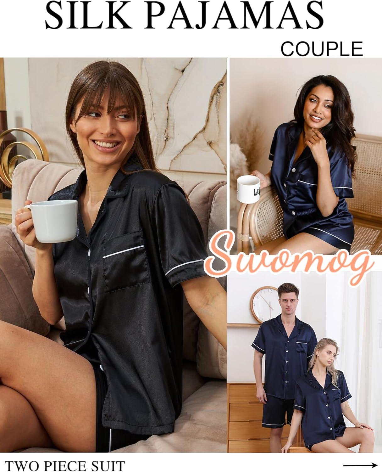 imageSWOMOG Womens Silk Satin Pajamas Set Short Sleeve Sleepwear Button Down Top and Shorts Loungewear 2 Piece Pjs Set XS3XLBlackstyle 3