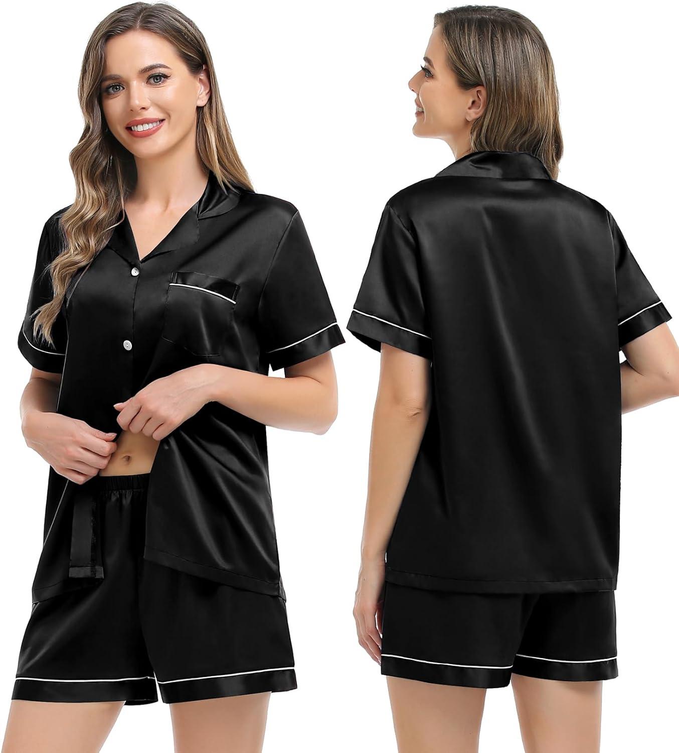 imageSWOMOG Womens Silk Satin Pajamas Set Short Sleeve Sleepwear Button Down Top and Shorts Loungewear 2 Piece Pjs Set XS3XLBlackstyle 3