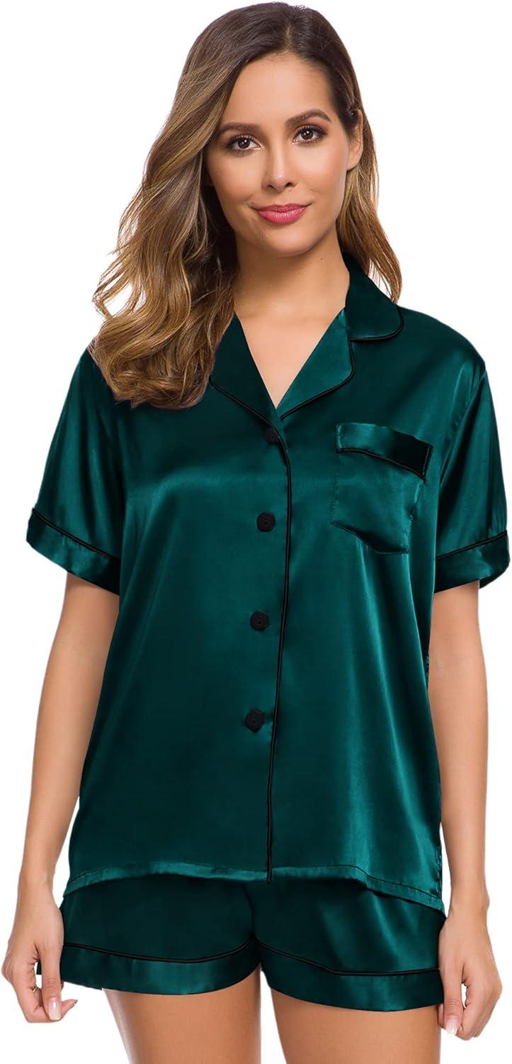 imageSWOMOG Womens Silk Satin Pajamas Set Short Sleeve Sleepwear Button Down Top and Shorts Loungewear 2 Piece Pjs Set XS3XLDark Green With Black Piping