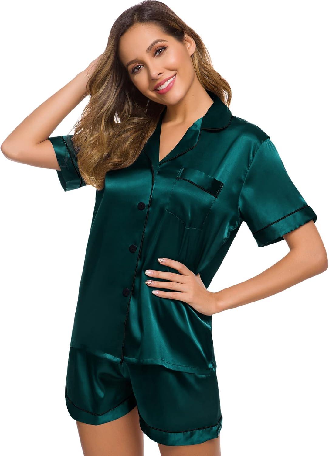 imageSWOMOG Womens Silk Satin Pajamas Set Short Sleeve Sleepwear Button Down Top and Shorts Loungewear 2 Piece Pjs Set XS3XLDark Green With Black Piping