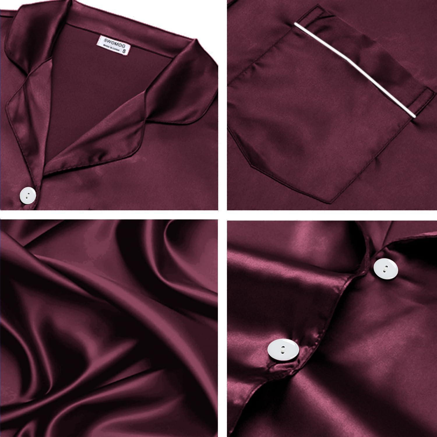 imageSWOMOG Womens Silk Satin Pajamas Set Short Sleeve Sleepwear Button Down Top and Shorts Loungewear 2 Piece Pjs Set XS3XLDeep Wine Redstyle 3