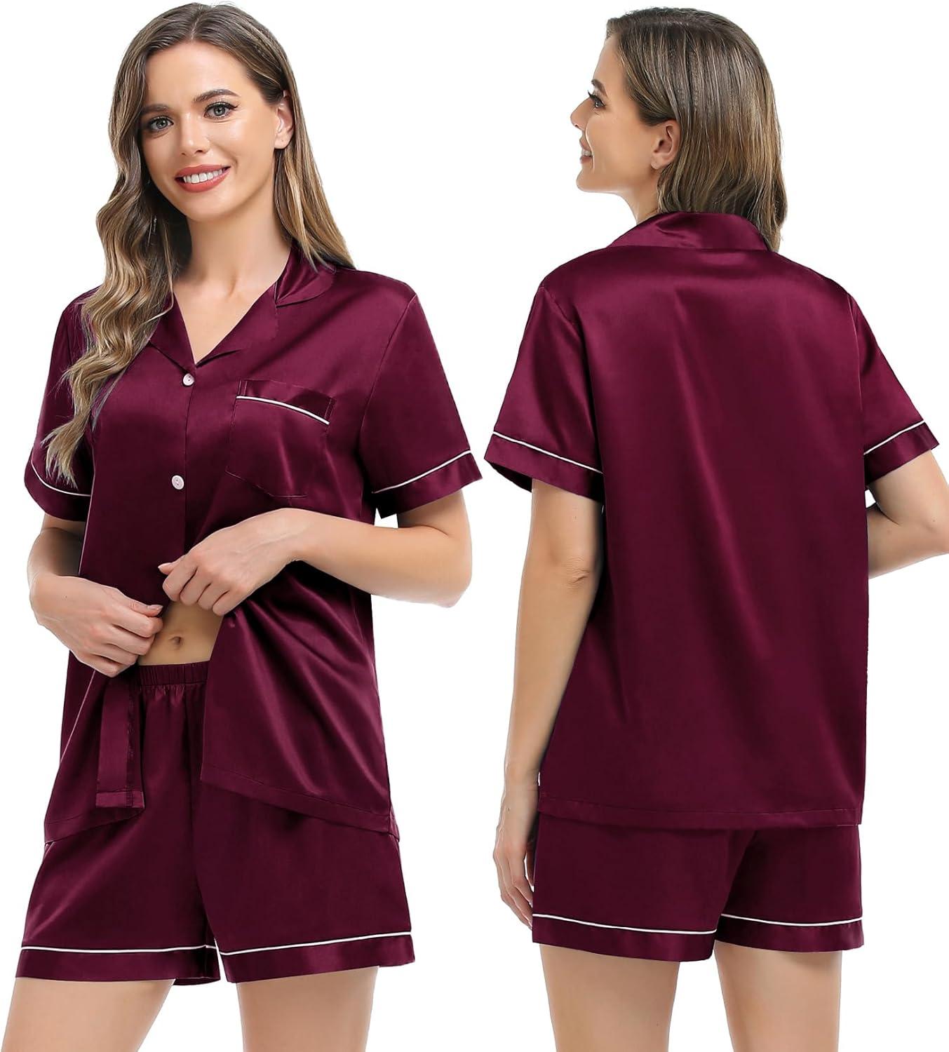 imageSWOMOG Womens Silk Satin Pajamas Set Short Sleeve Sleepwear Button Down Top and Shorts Loungewear 2 Piece Pjs Set XS3XLDeep Wine Redstyle 3