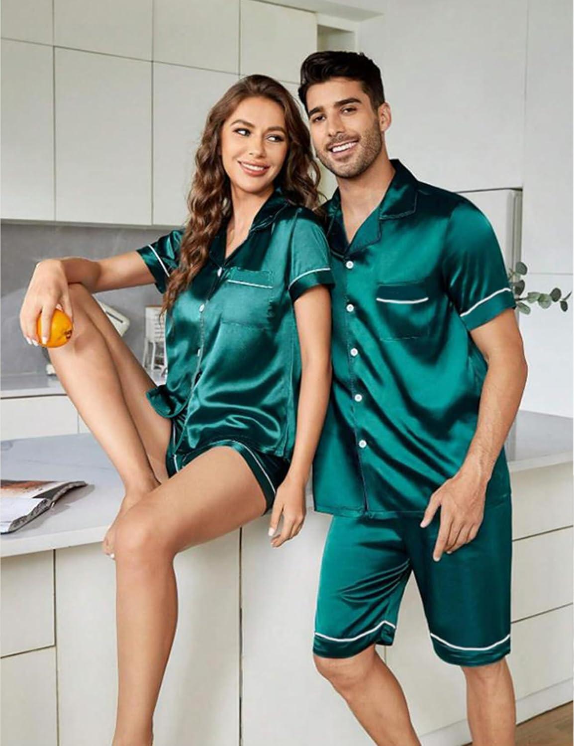 imageSWOMOG Womens Silk Satin Pajamas Set Short Sleeve Sleepwear Button Down Top and Shorts Loungewear 2 Piece Pjs Set XS3XLGreenstyle 3
