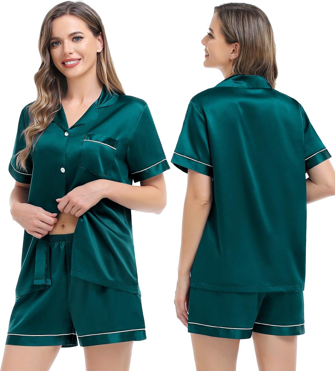 imageSWOMOG Womens Silk Satin Pajamas Set Short Sleeve Sleepwear Button Down Top and Shorts Loungewear 2 Piece Pjs Set XS3XLGreenstyle 3