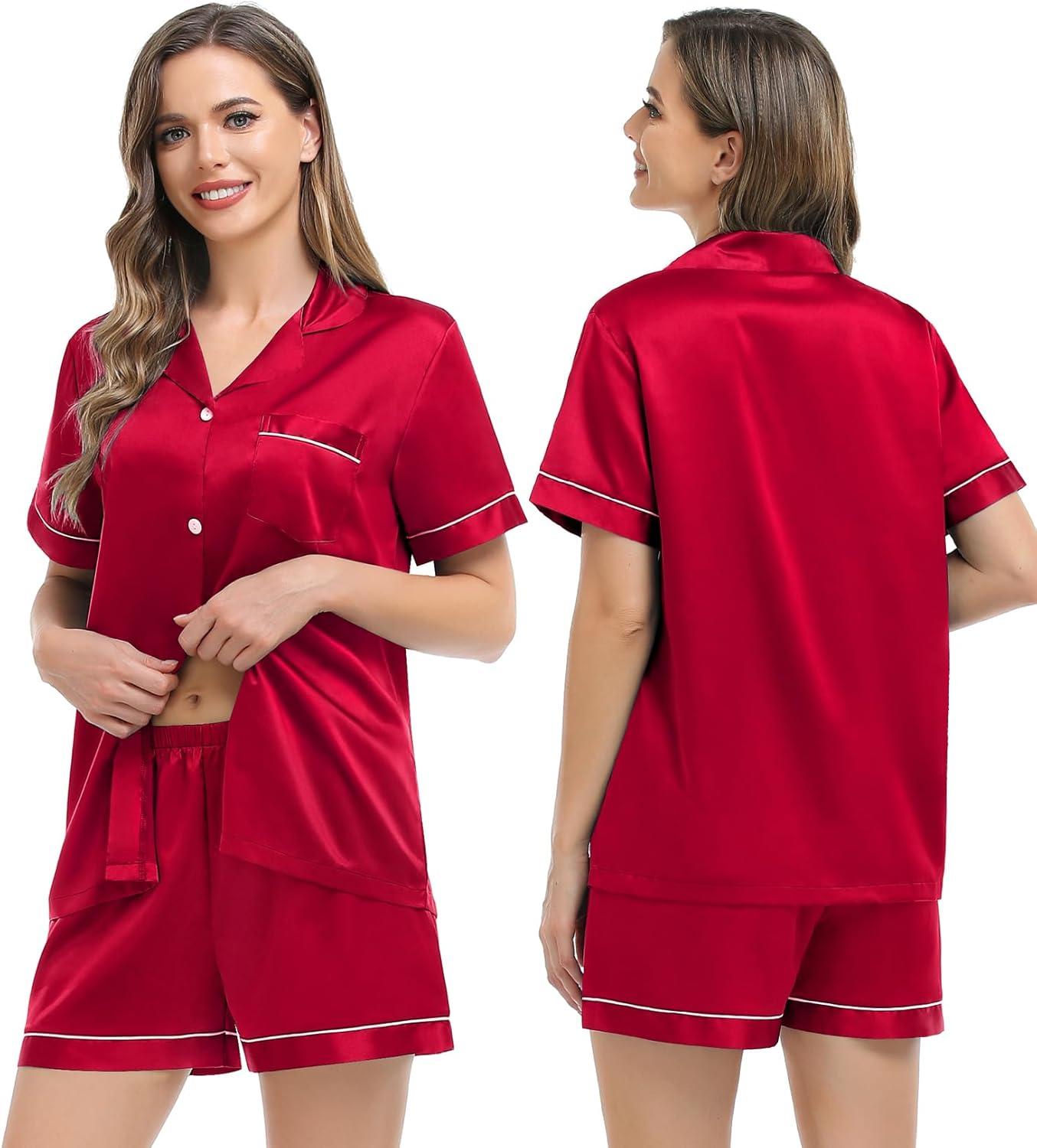 imageSWOMOG Womens Silk Satin Pajamas Set Short Sleeve Sleepwear Button Down Top and Shorts Loungewear 2 Piece Pjs Set XS3XLRedstyle 3