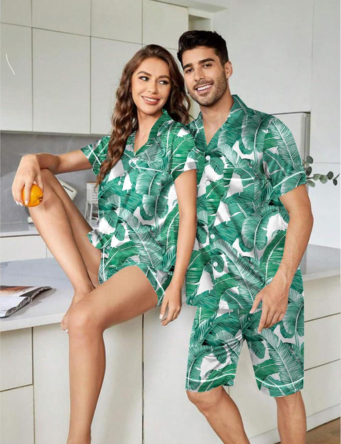 imageSWOMOG Womens Silk Satin Pajamas Set Short Sleeve Sleepwear Button Down Top and Shorts Loungewear 2 Piece Pjs Set XS3XLWhite Leavesstyle 3