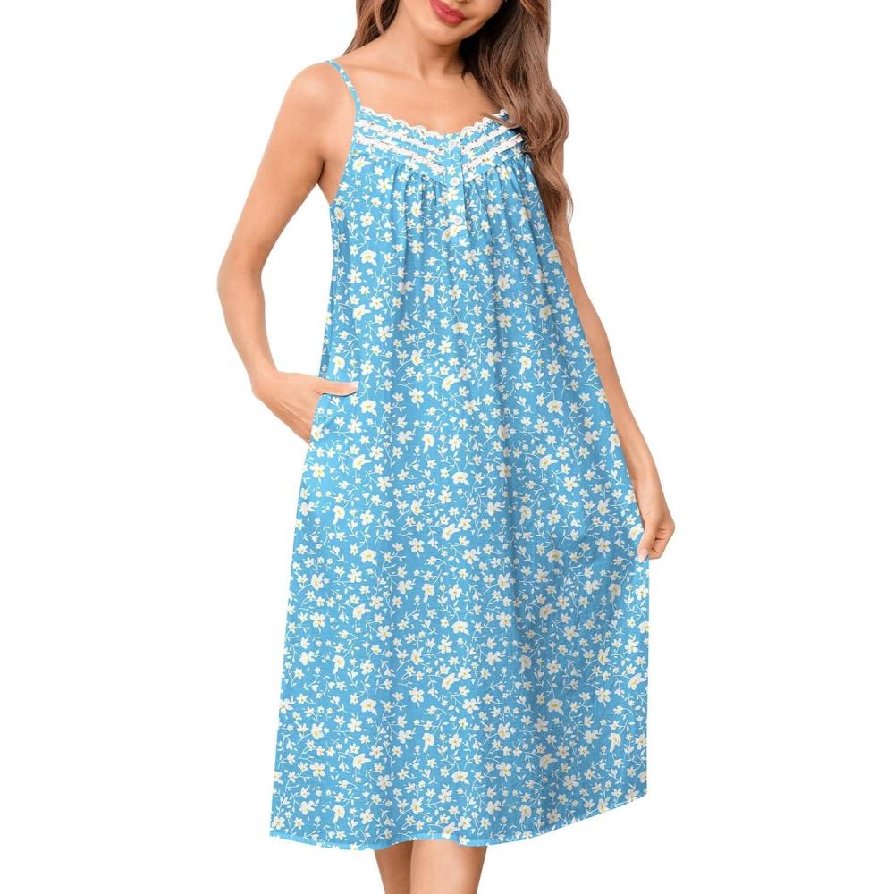 imageSWOMOG 100 Cotton Nightgowns for Women Lace Nightgown Sleeveless Sleep Dress Victorian Sleepshirt Button Strap GownBlue Flower
