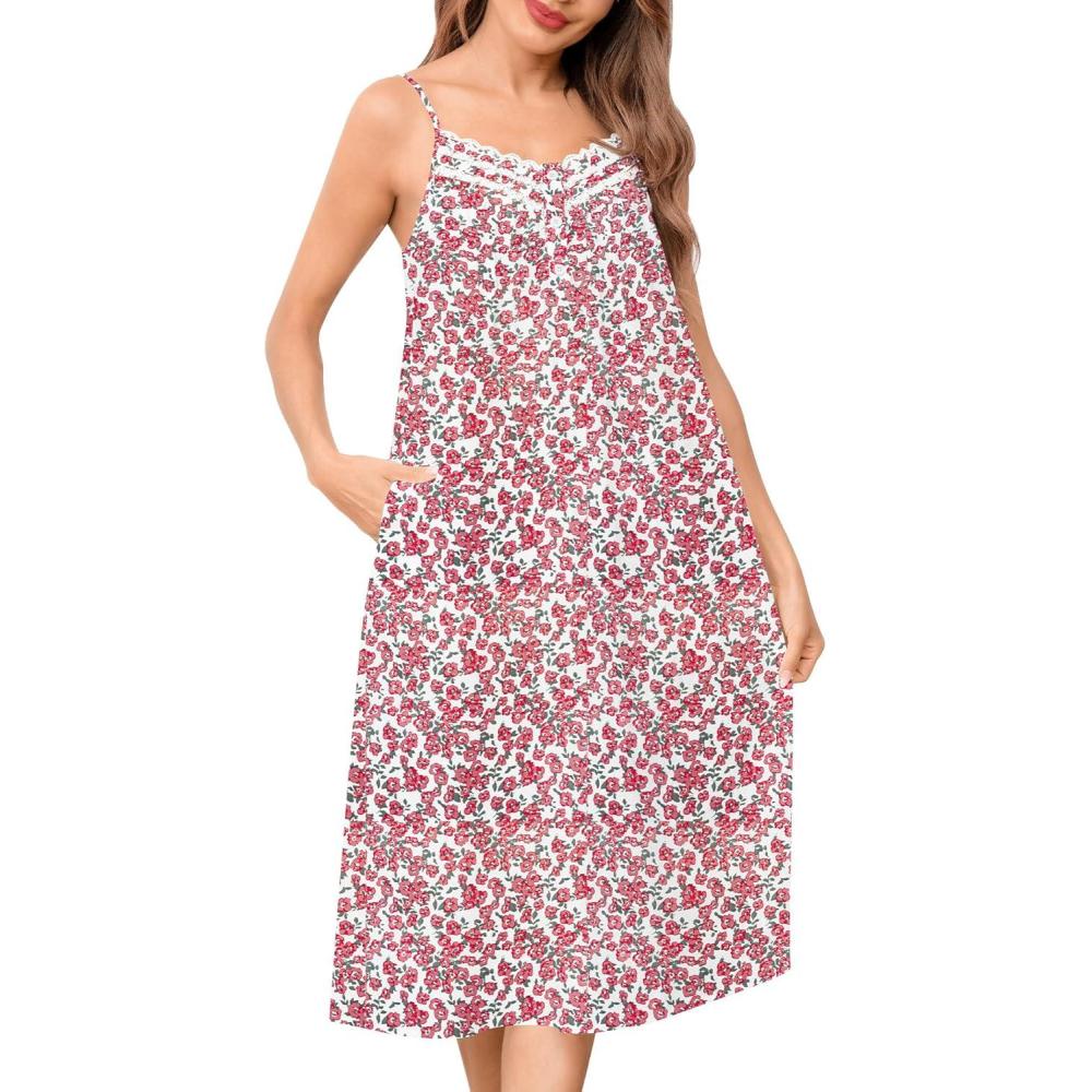 imageSWOMOG 100 Cotton Nightgowns for Women Lace Nightgown Sleeveless Sleep Dress Victorian Sleepshirt Button Strap GownRed Floral