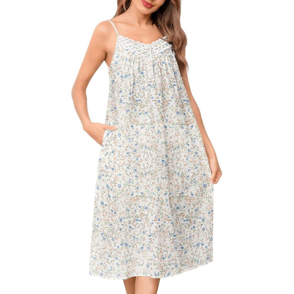 imageSWOMOG 100 Cotton Nightgowns for Women Lace Nightgown Sleeveless Sleep Dress Victorian Sleepshirt Button Strap GownWhite Blue Flower