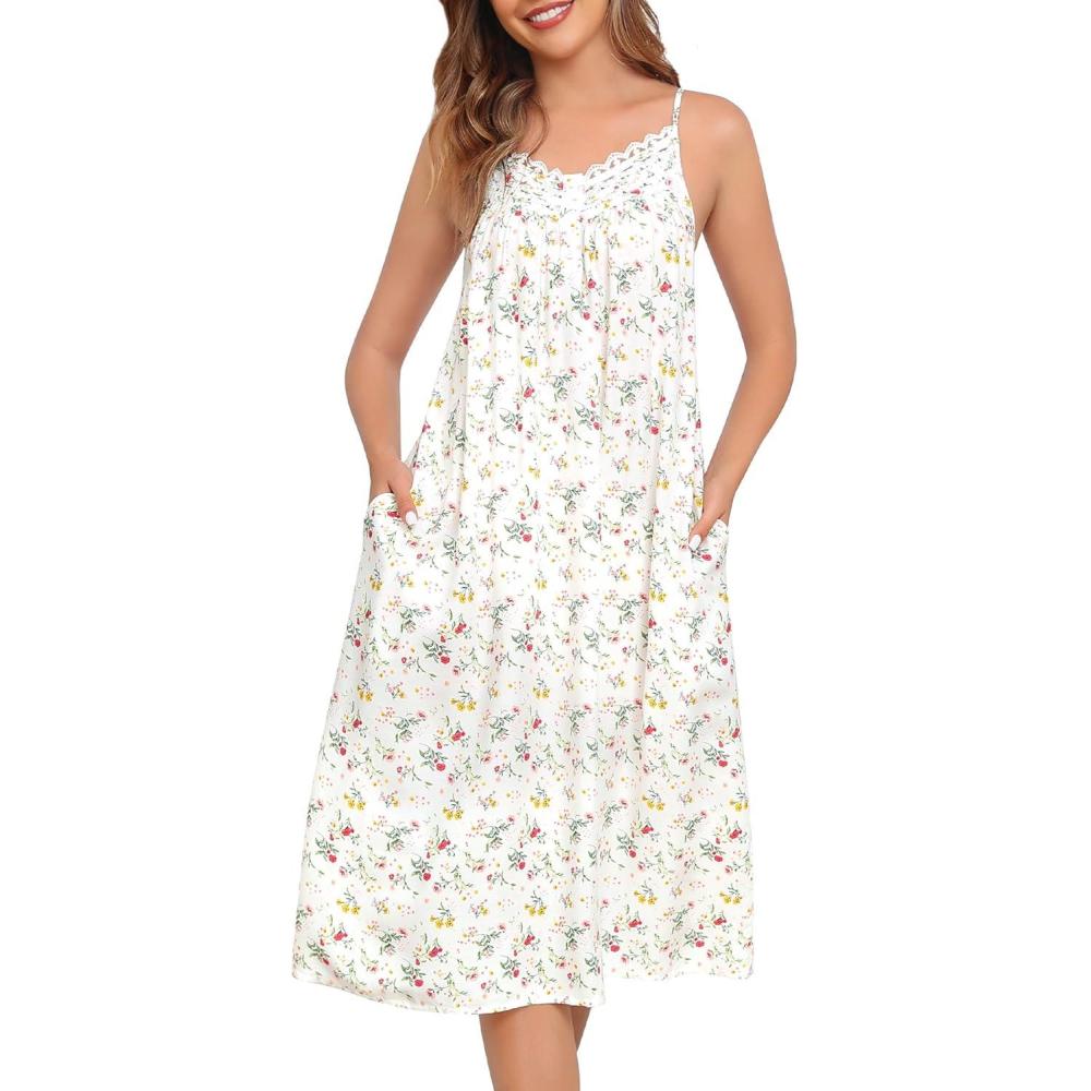 imageSWOMOG 100 Cotton Nightgowns for Women Lace Nightgown Sleeveless Sleep Dress Victorian Sleepshirt Button Strap GownWhite Flower