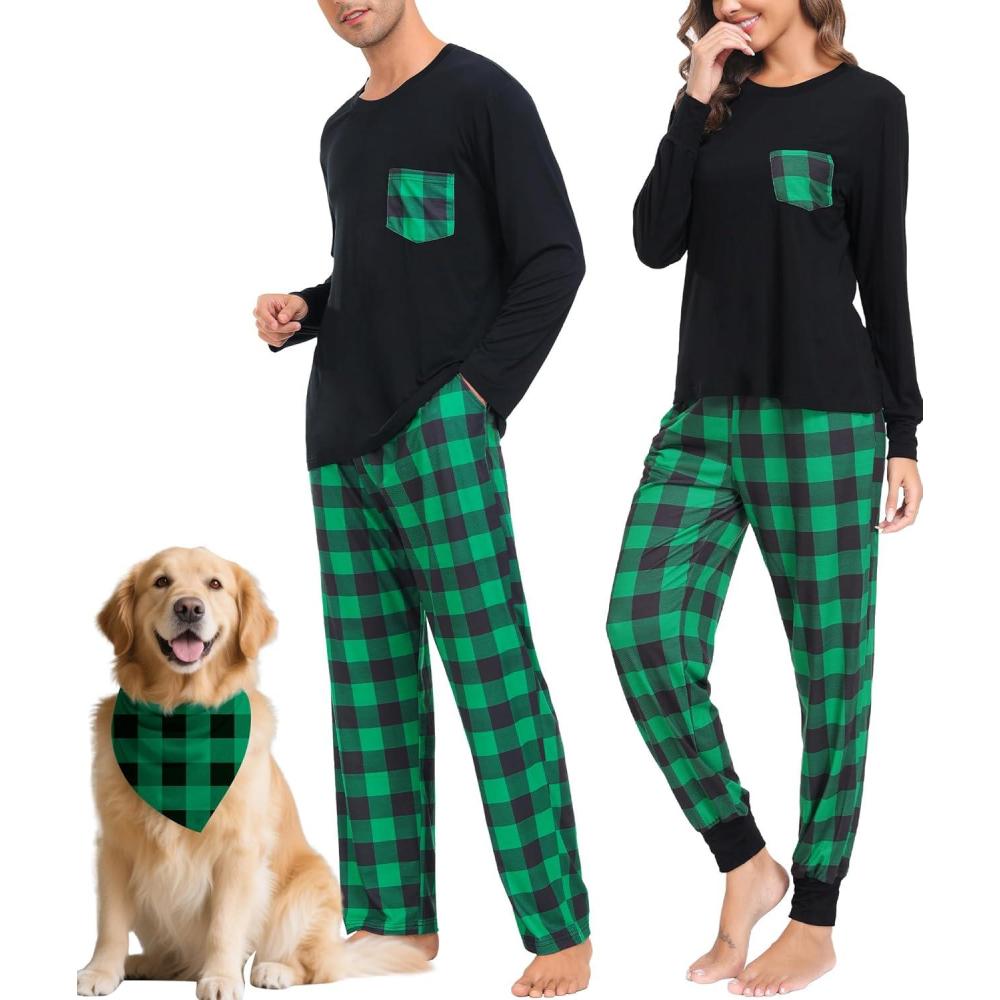 imageSWOMOG Adult Christmas Pajamas Buffalo Plaid Pajama Pants with Pockets Long Sleeve Tops for Couples amp FamilyBlack Green Plaid