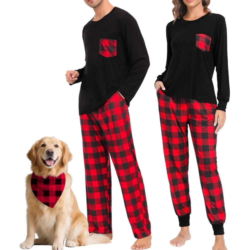 imageSWOMOG Adult Christmas Pajamas Buffalo Plaid Pajama Pants with Pockets Long Sleeve Tops for Couples amp FamilyBlack Red Plaid