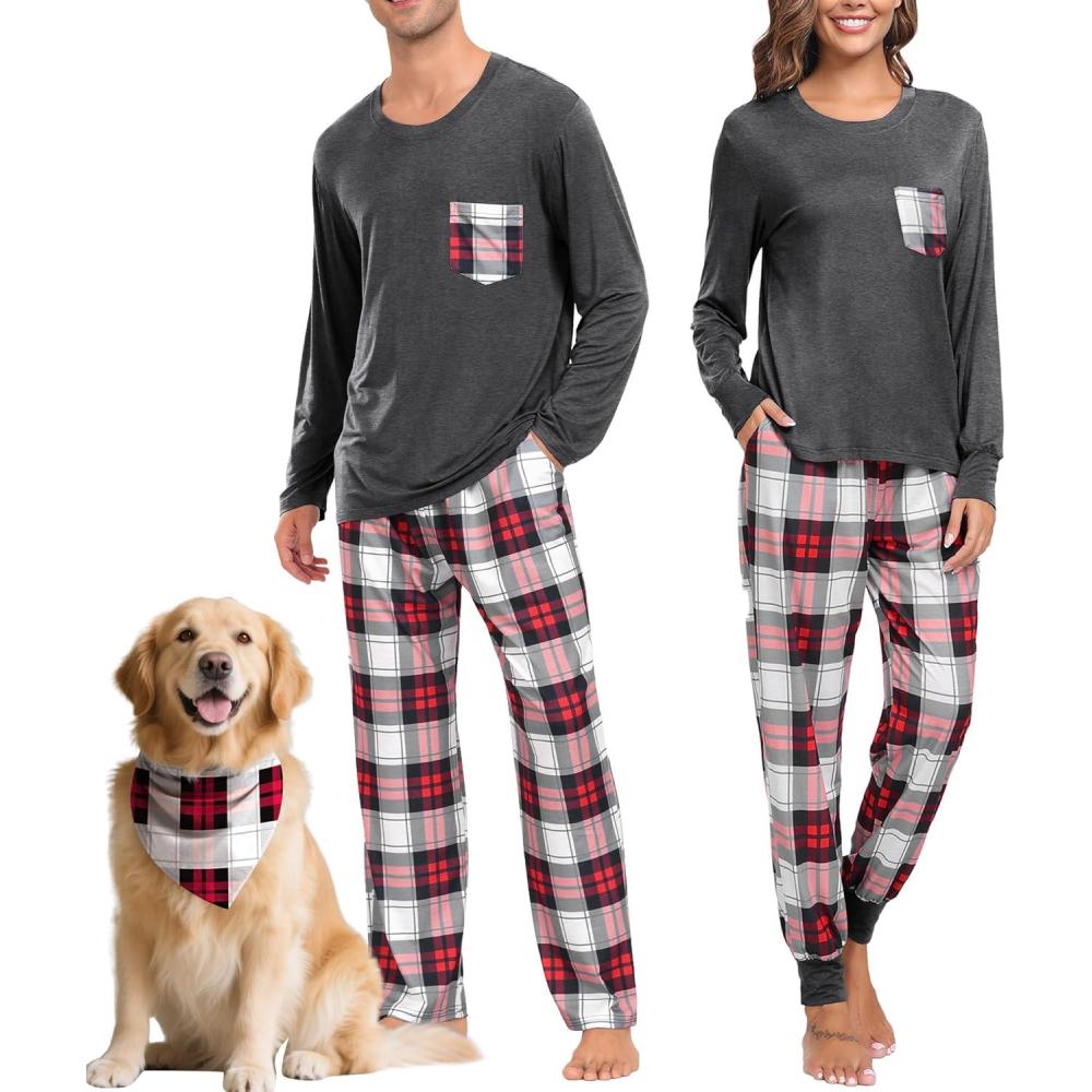imageSWOMOG Adult Christmas Pajamas Buffalo Plaid Pajama Pants with Pockets Long Sleeve Tops for Couples amp FamilyDeep Grey