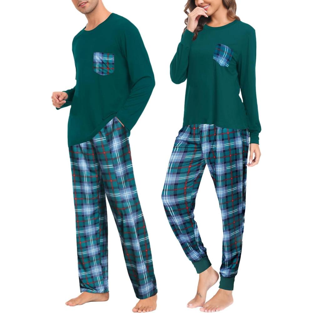 imageSWOMOG Adult Christmas Pajamas Buffalo Plaid Pajama Pants with Pockets Long Sleeve Tops for Couples amp FamilyGreen Plaid