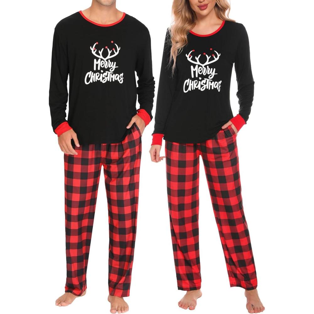imageSWOMOG Adult Christmas Pajamas Buffalo Plaid Pajama Pants with Pockets Long Sleeve Tops for Couples amp FamilyMerry Christmasplaid