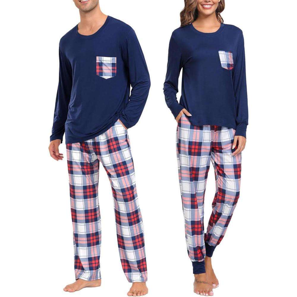 imageSWOMOG Adult Christmas Pajamas Buffalo Plaid Pajama Pants with Pockets Long Sleeve Tops for Couples amp FamilyNavy Blue