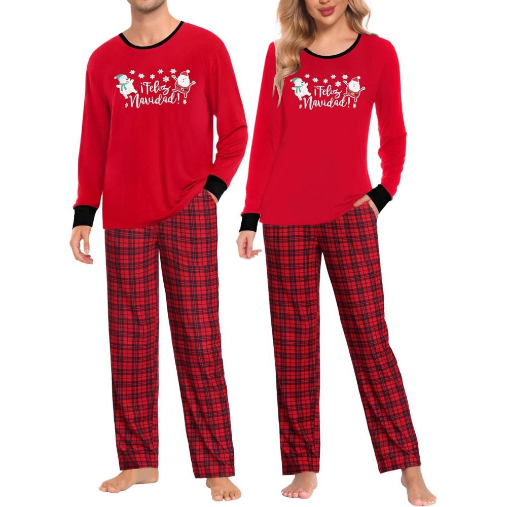 imageSWOMOG Adult Christmas Pajamas Buffalo Plaid Pajama Pants with Pockets Long Sleeve Tops for Couples amp FamilySnowmanplaid