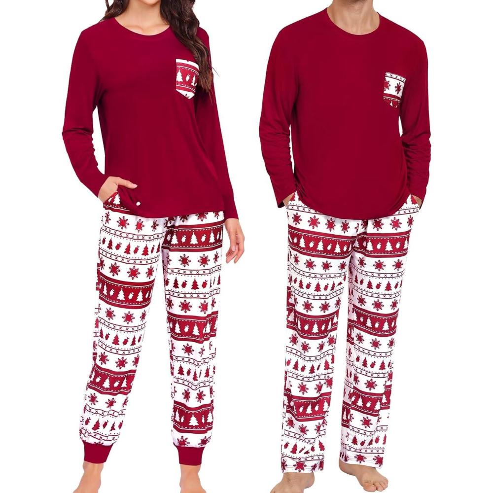 imageSWOMOG Adult Christmas Pajamas Buffalo Plaid Pajama Pants with Pockets Long Sleeve Tops for Couples amp FamilyWine Red Christmas Tree