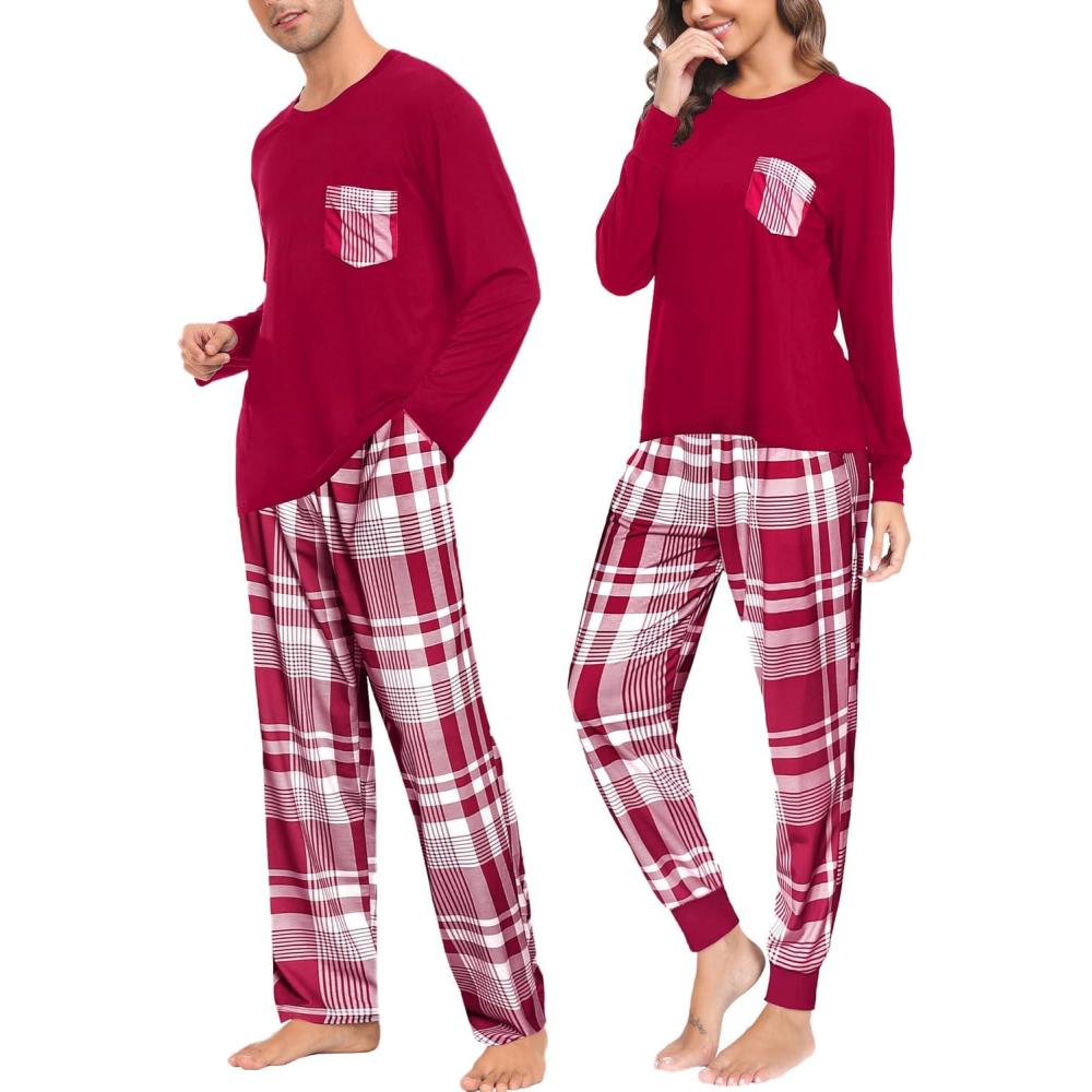 imageSWOMOG Adult Christmas Pajamas Buffalo Plaid Pajama Pants with Pockets Long Sleeve Tops for Couples amp FamilyWine Red Plaid