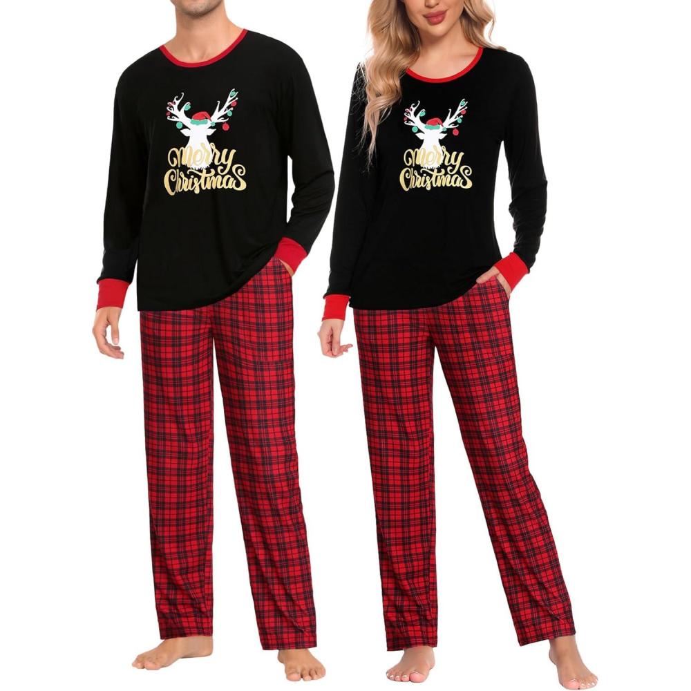 imageSWOMOG Adult Christmas Pajamas Buffalo Plaid Pajama Pants with Pockets Long Sleeve Tops for Couples amp FamilyXmas Reindeerplaid