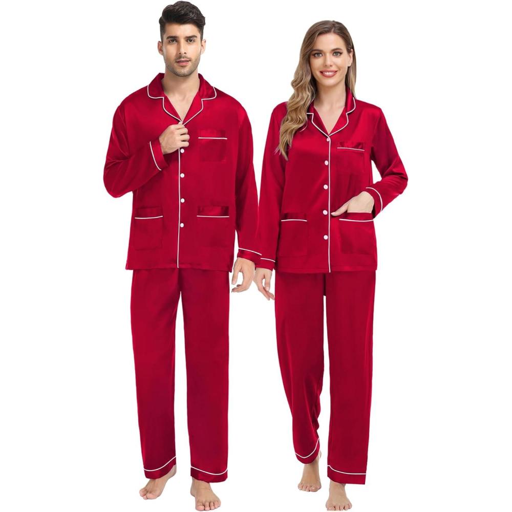 imageSWOMOG Couples Matching Pajamas Set Women amp Men Satin Long Sleeve Sleepwear Soft Button Down Pj Set Silk LoungewearA Reda