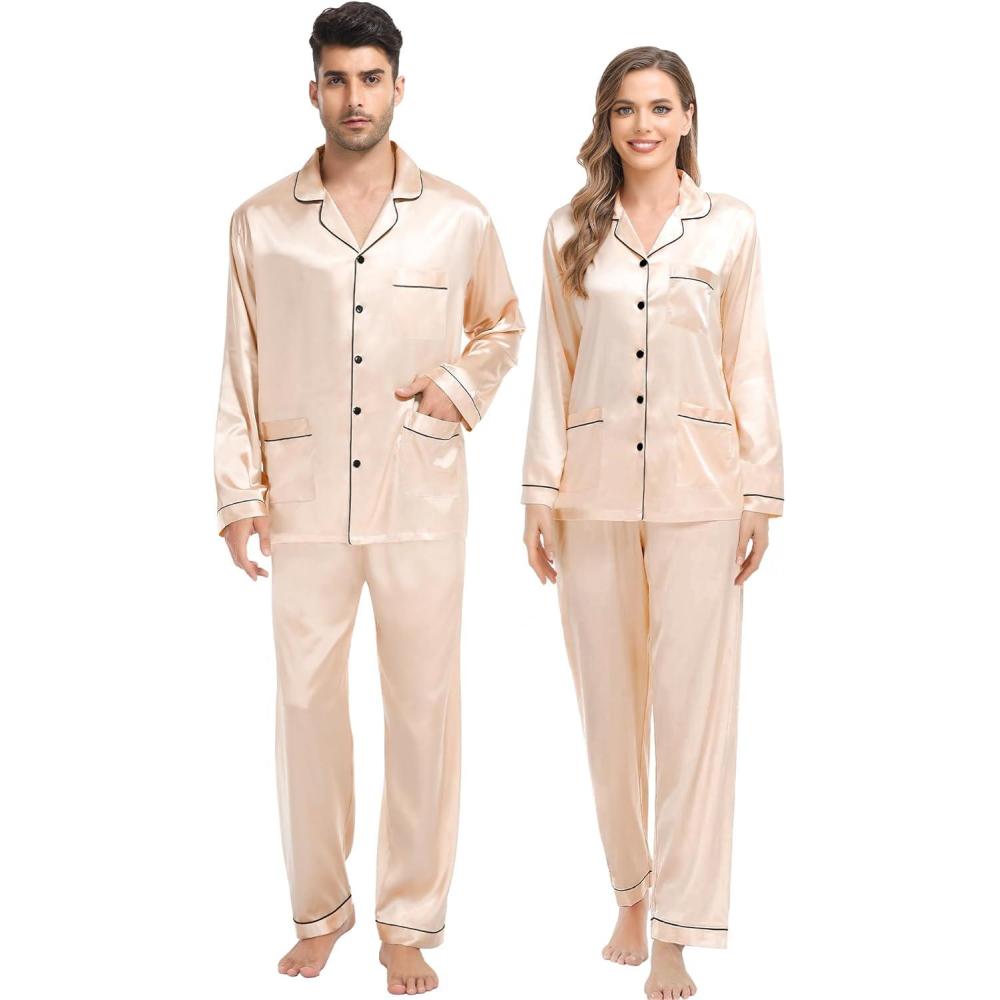 imageSWOMOG Couples Matching Pajamas Set Women amp Men Satin Long Sleeve Sleepwear Soft Button Down Pj Set Silk LoungewearChampagne