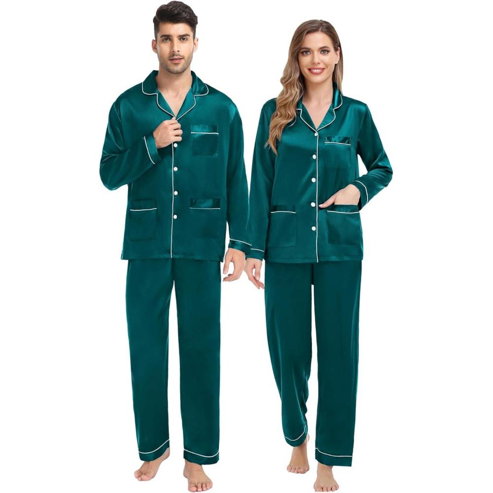 imageSWOMOG Couples Matching Pajamas Set Women amp Men Satin Long Sleeve Sleepwear Soft Button Down Pj Set Silk LoungewearGreen
