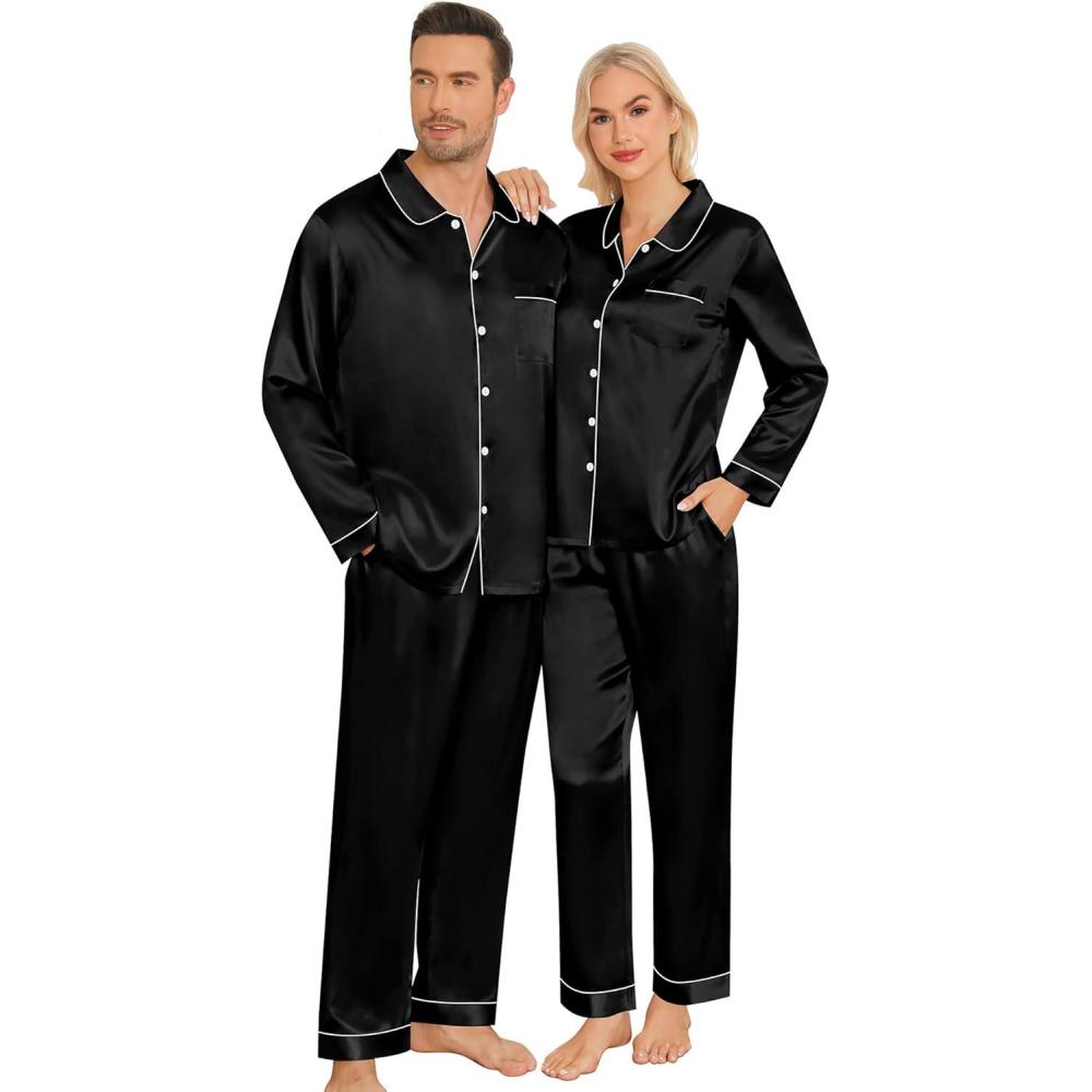 imageSWOMOG Couples Pajamas Sets Silk Satin Long Sleeve Sleepwear Button Down Loungewear Pjs Set Classic Pajama SXXLBlack