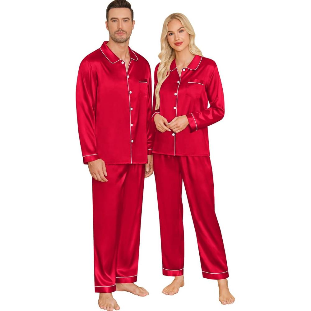 imageSWOMOG Couples Pajamas Sets Silk Satin Long Sleeve Sleepwear Button Down Loungewear Pjs Set Classic Pajama SXXLRed