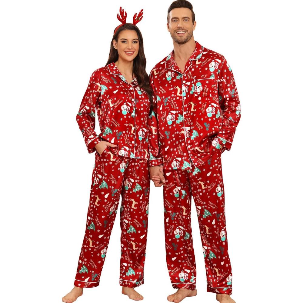 imageSWOMOG Couples Pajamas Sets Silk Satin Long Sleeve Sleepwear Button Down Loungewear Pjs Set Classic Pajama SXXLRed Christmas