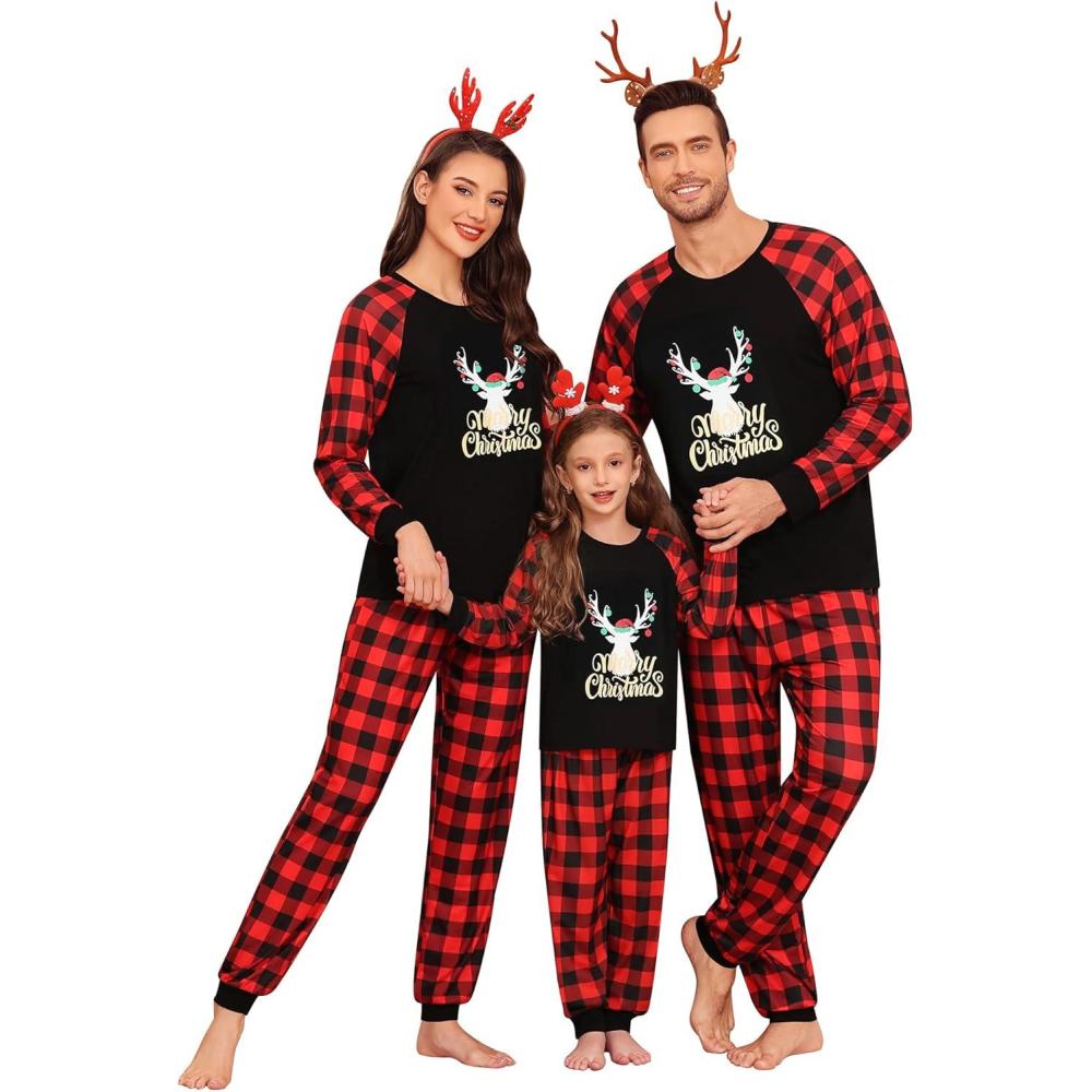 imageSWOMOG Family Christmas Pjs Matching Sets Christmas Pajamas for Family Xmas Jammies Set Christmas Holiday SleepwearGold Letter Deer