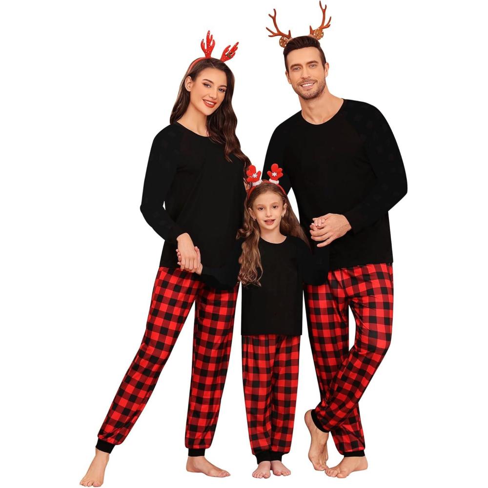 imageSWOMOG Family Christmas Pjs Matching Sets Christmas Pajamas for Family Xmas Jammies Set Christmas Holiday SleepwearRed Black Plaid
