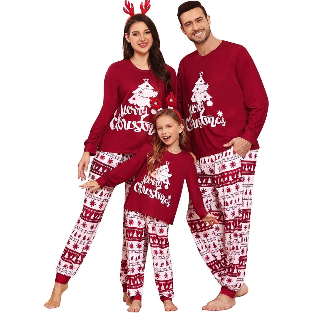 imageSWOMOG Family Christmas Pjs Matching Sets Christmas Pajamas for Family Xmas Jammies Set Christmas Holiday SleepwearZ Wine Red Treepullover